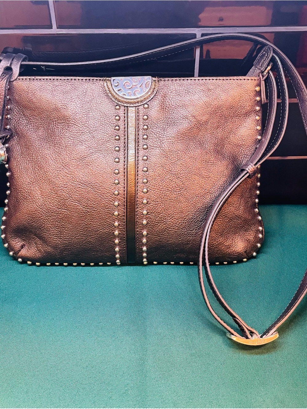 Brighton Pewter Leather Studded Crossbody Bag